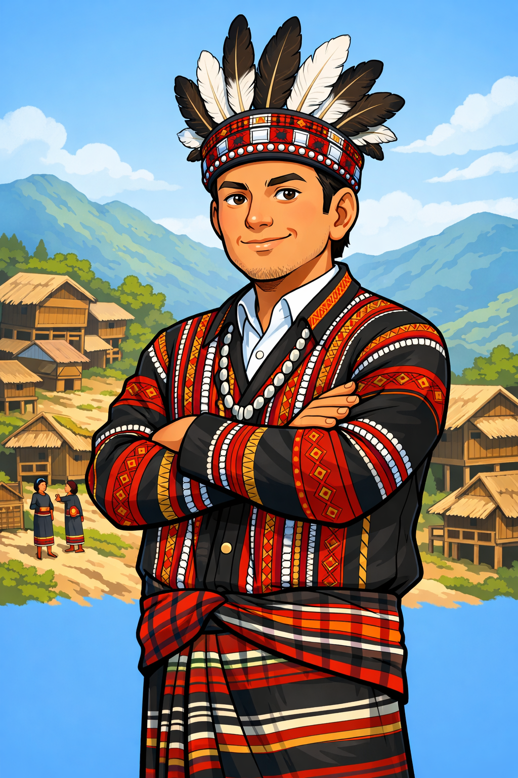 A young man wearing traditional indigenous clothing with a headdress made of feathers, with a background of a lakeside village, mountains, and sky.