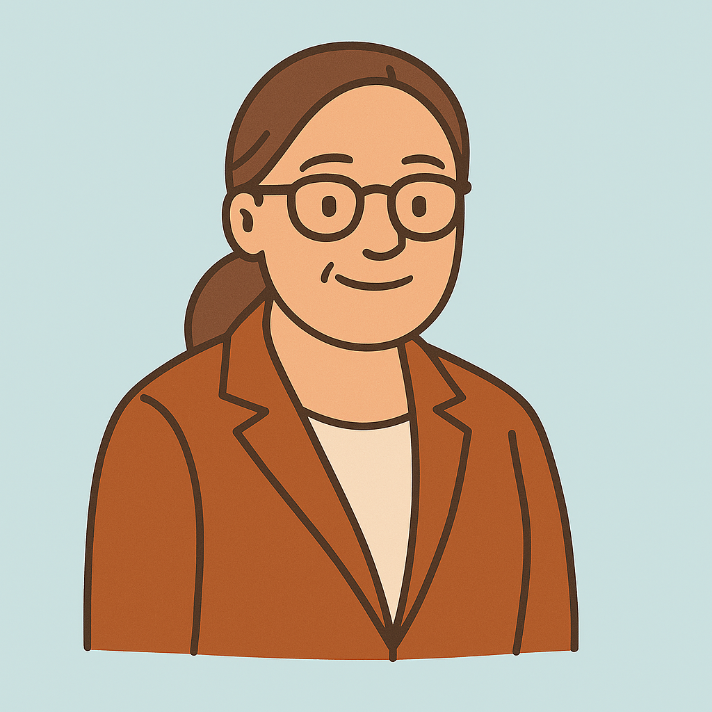 Cartoon illustration of a woman with glasses, brown hair tied back, wearing an orange blazer over a white shirt, smiling against a light blue background.