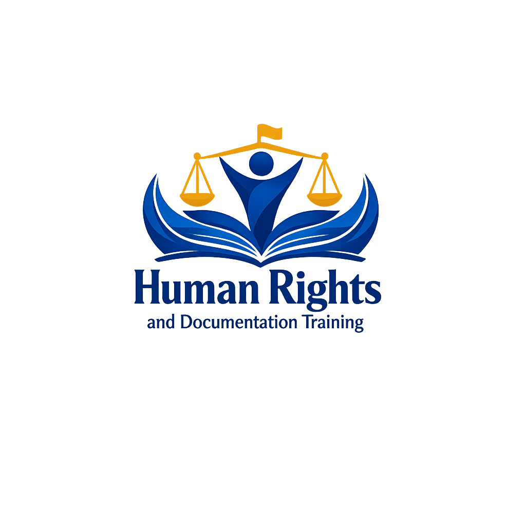 Logo for Human Rights and Documentation Training featuring a stylized figure with scales of justice above an open book in blue, with a yellow and blue background.
