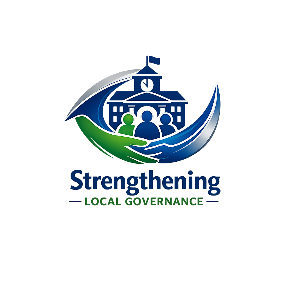 Logo with a house, three people, a hand, and text that reads "Strengthening Local Governance".