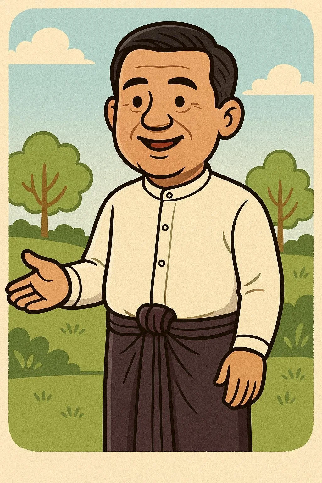 Cartoon illustration of a man in traditional Thai clothing standing outdoors with trees and clouds in the background, smiling and gesturing with his hand.