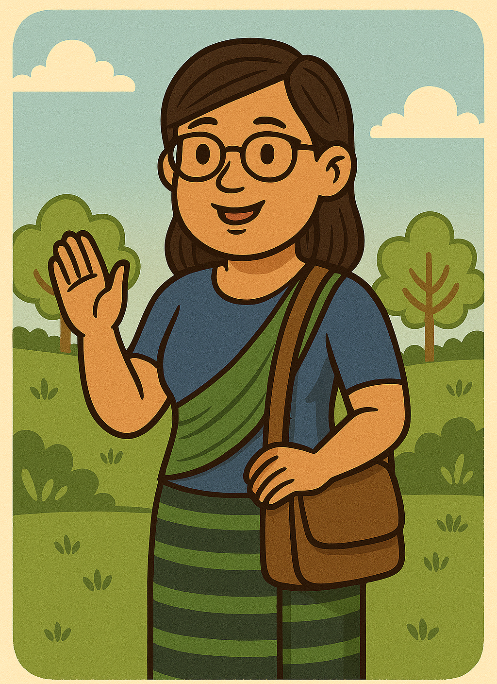 Cartoon woman with brown hair, glasses, wearing a blue shirt and green striped skirt, standing outdoors in a park with trees, clouds, and grass, waving and smiling.