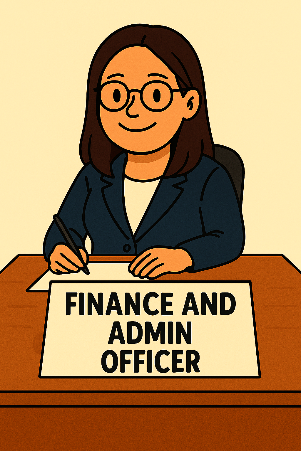 Illustration of a woman with glasses and brown hair, sitting at a desk with a pen, smiling. A sign on the desk reads "Finance and Admin Officer."