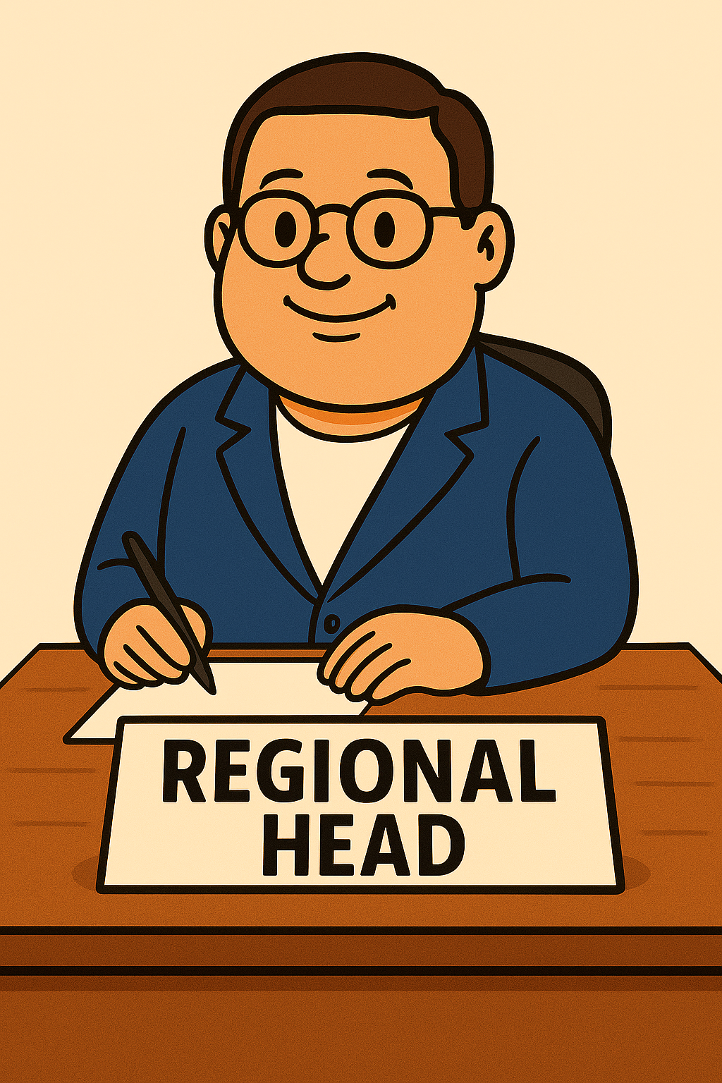 Cartoon of a man with glasses in a suit sitting at a desk with a sign that says 'Regional Head.'
