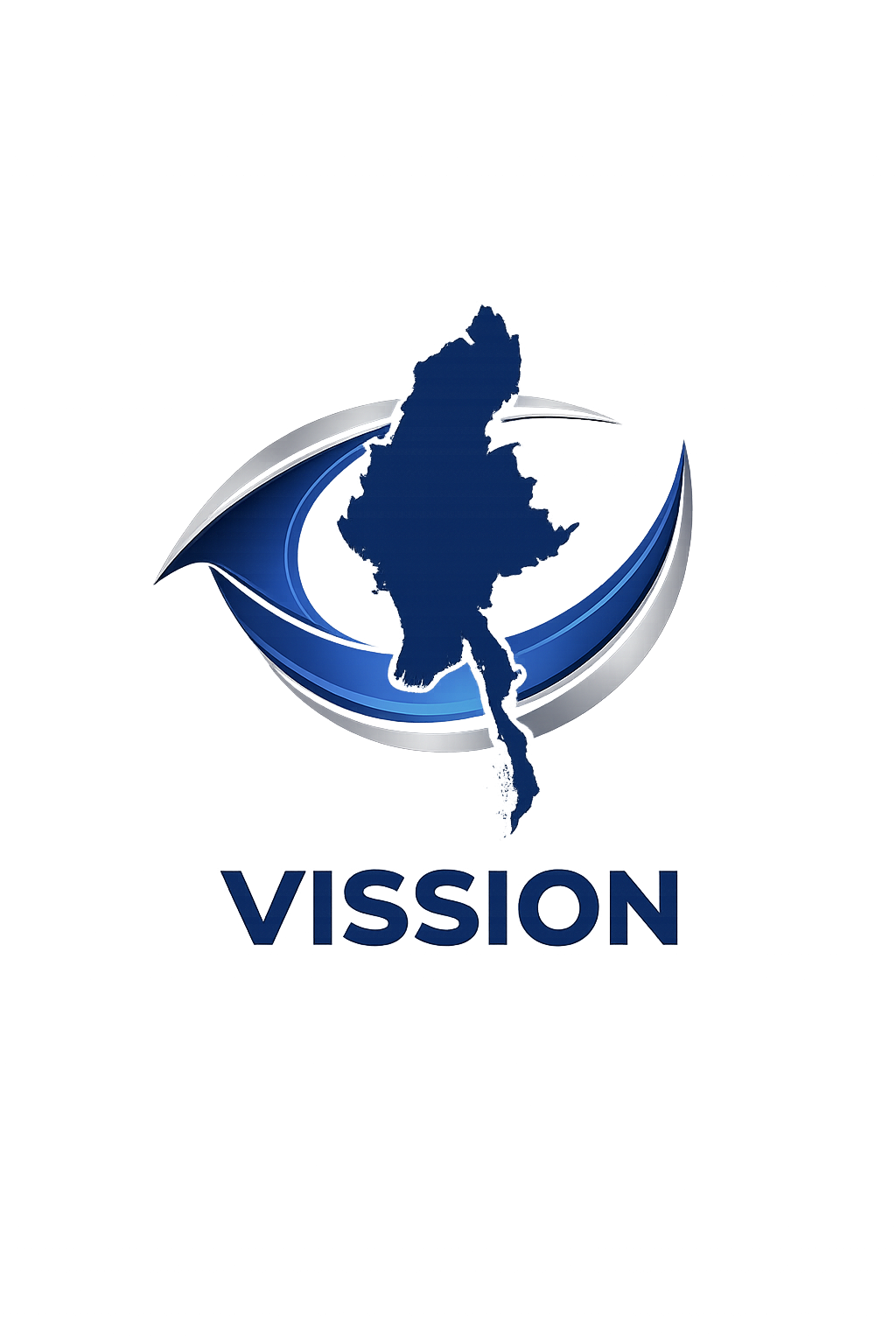 Illustration of a blue and grey emblem with a map of Indonesia in the center and the word 'VISSION' beneath, on a dark background with colorful light reflections.