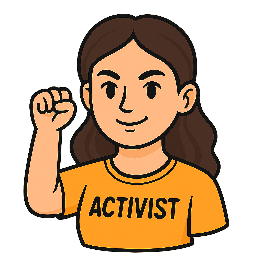 Cartoon of a woman with long brown hair wearing an orange T-shirt with the word "ACTIVIST" printed on it, raising her right fist.