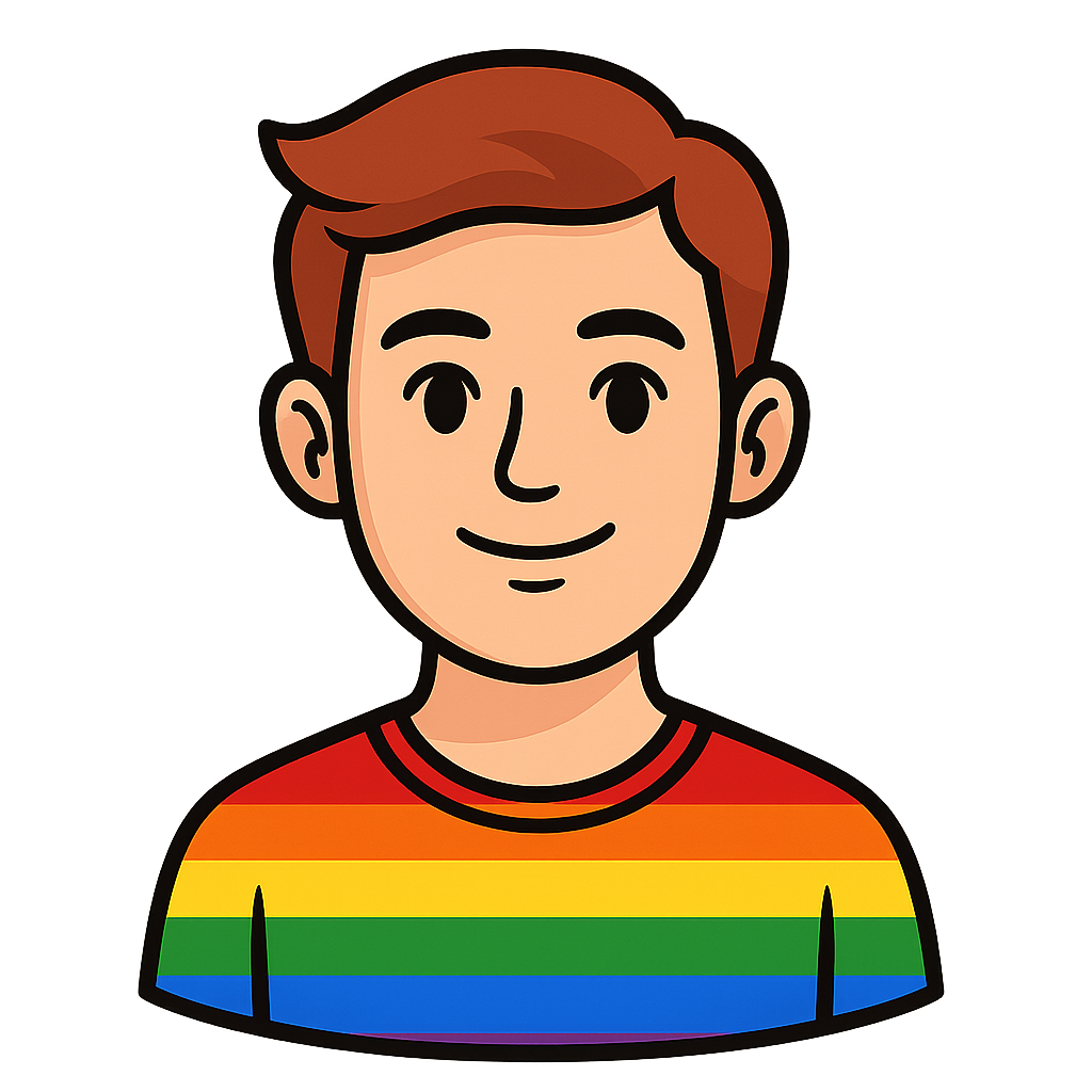 Cartoon of a smiling person wearing a rainbow pride flag t-shirt.