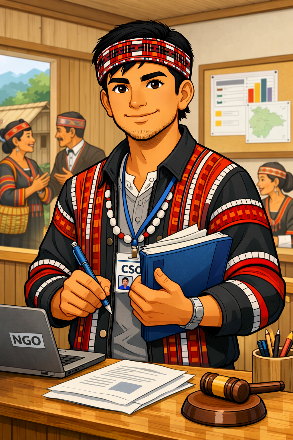 A young man with dark hair, wearing traditional indigenous clothing and a headband, standing in an office or conference room. He is holding a blue notebook and a pen, wearing an ID badge, and smiling at the camera. In the background, people are socializing in traditional attire, and a bulletin board with charts and a map is visible.