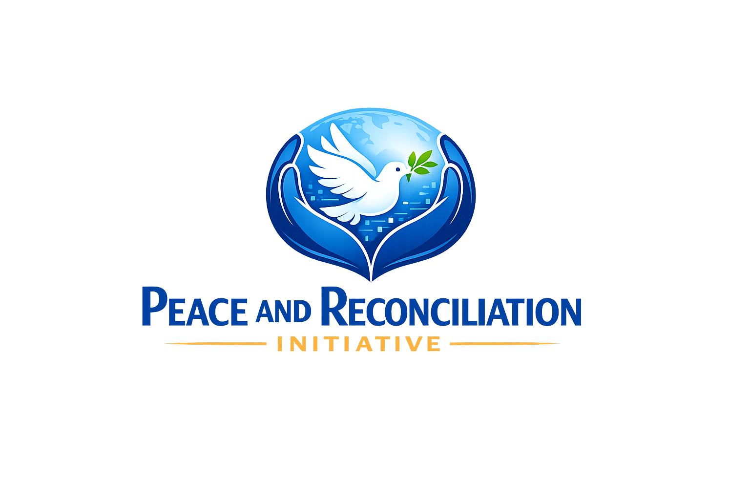Logo of the Peace and Reconciliation Initiative featuring a white dove holding an olive branch, surrounded by a blue globe with a stylized heart shape, and the text "Peace and Reconciliation" in blue with "Initiative" in gold.