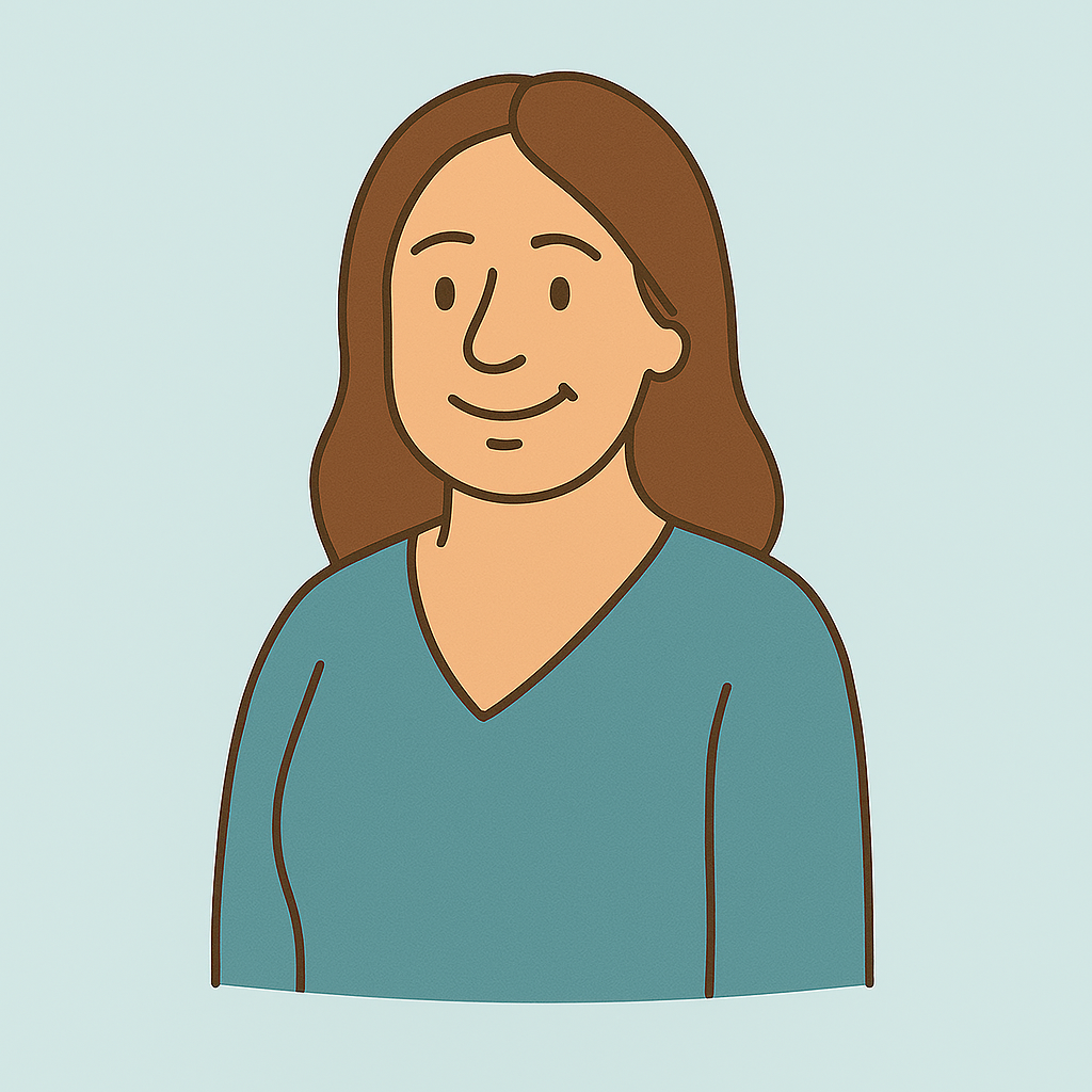 Illustration of a woman with brown hair wearing a blue top, smiling, against a light background.