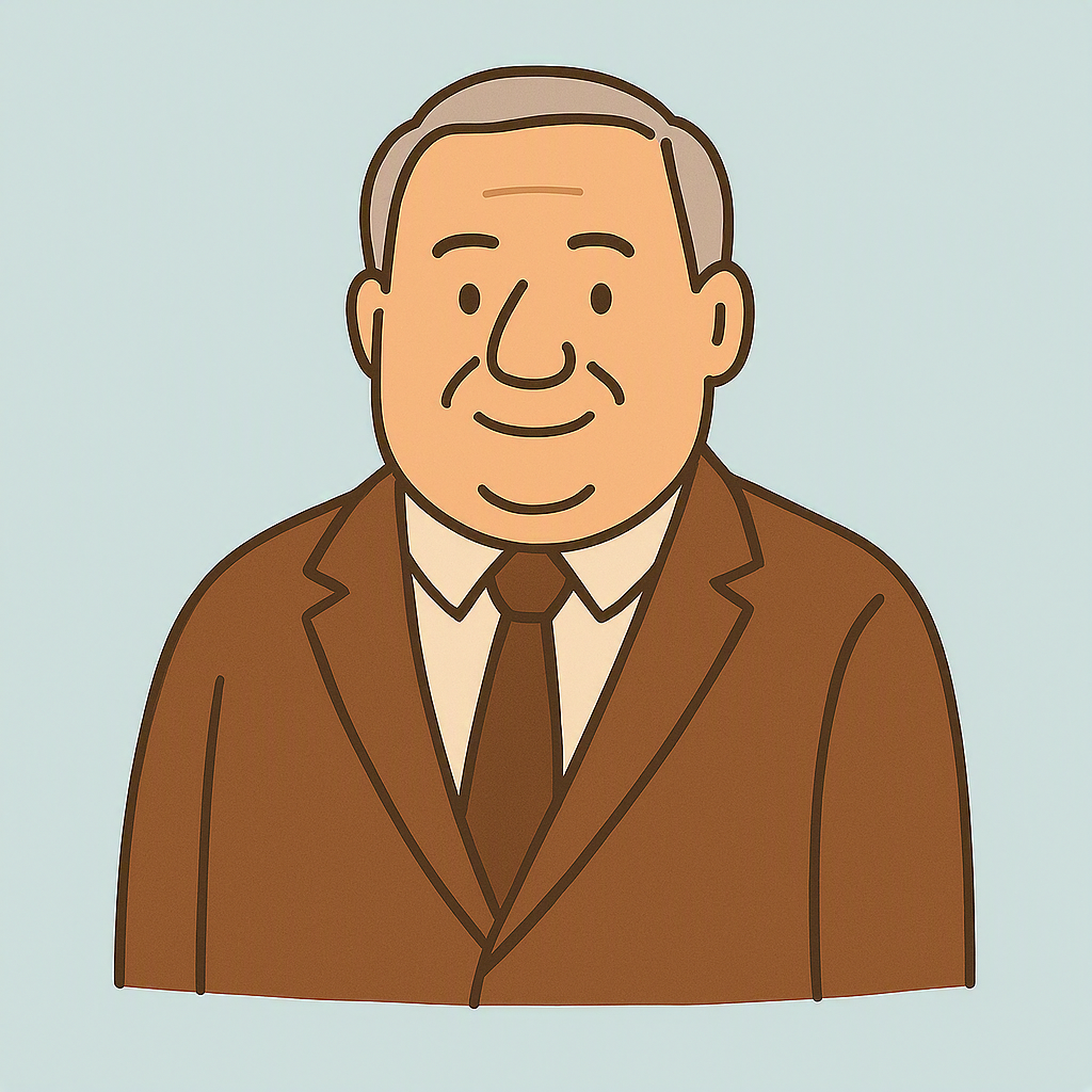 Illustration of a man in a brown suit, white shirt, and black tie against a light blue background.