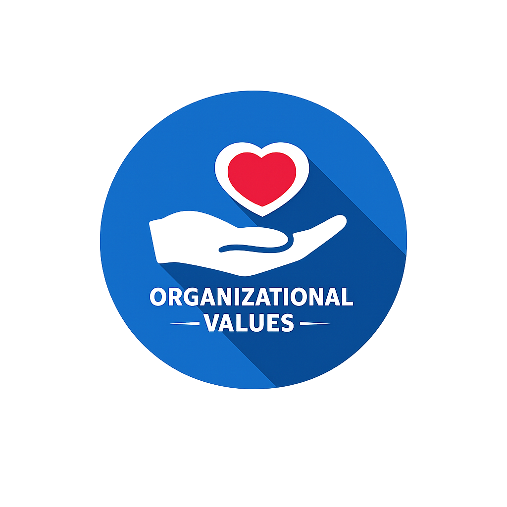 Blue circular badge with a hand holding a red heart, and the words 'Organizational Values' written below.