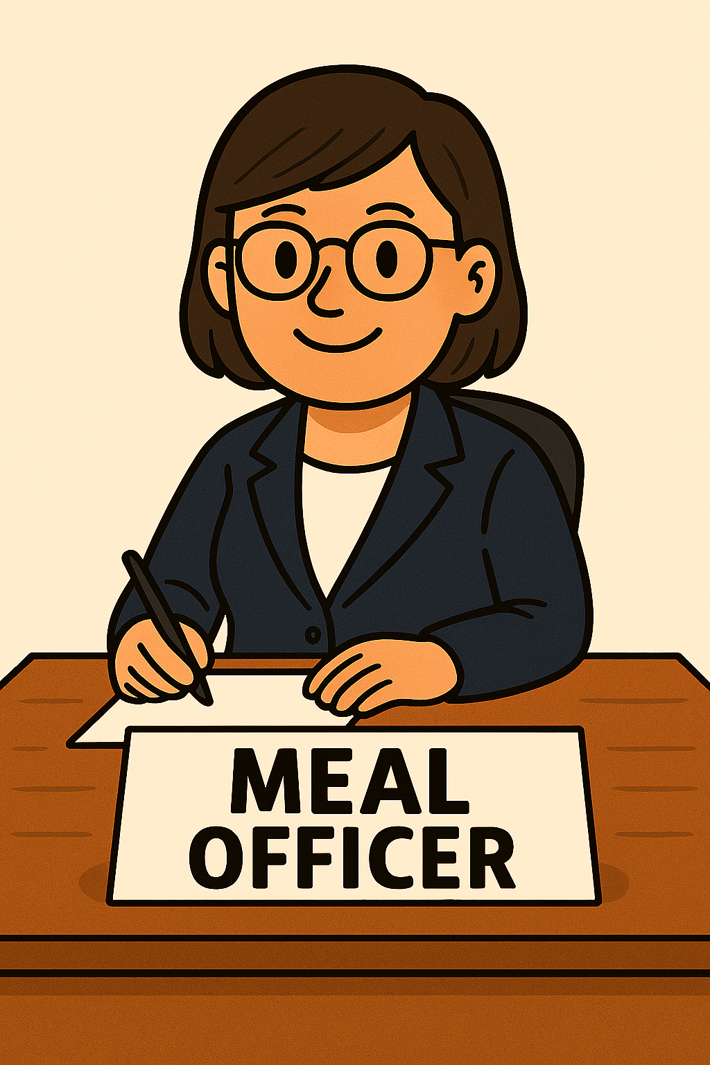 Cartoon image of a woman sitting at a desk with a sign that reads 'Meal Officer'; she is wearing glasses, a black blazer, and smiling while holding a pen over a piece of paper.