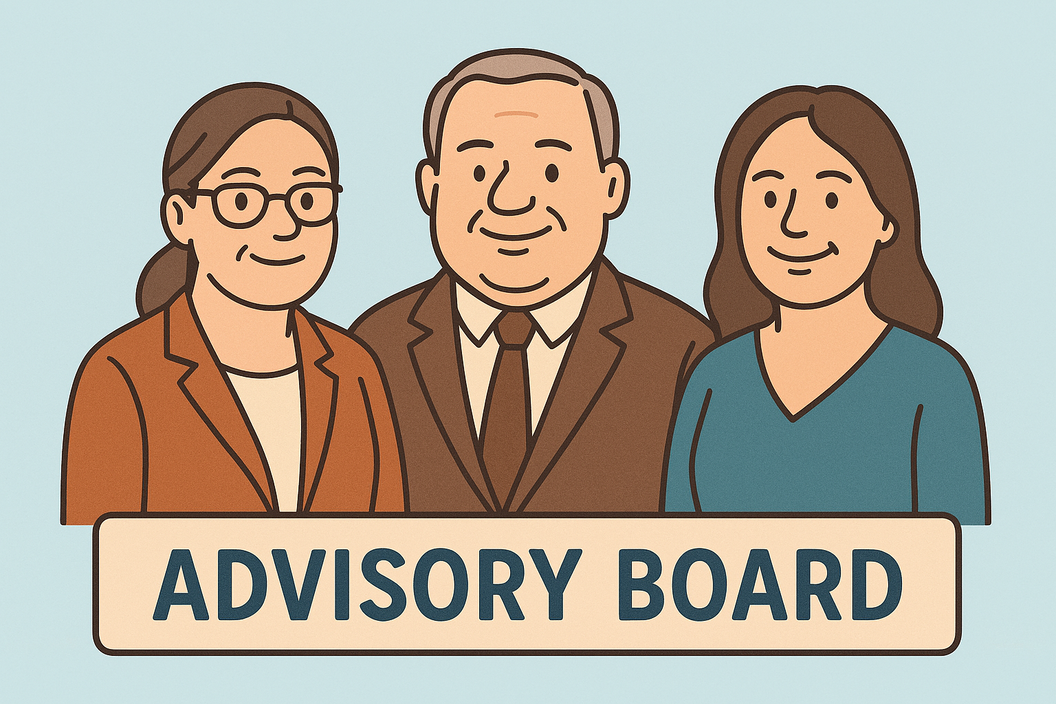 Illustration of three people standing behind a sign that reads 'ADVISORY BOARD'.