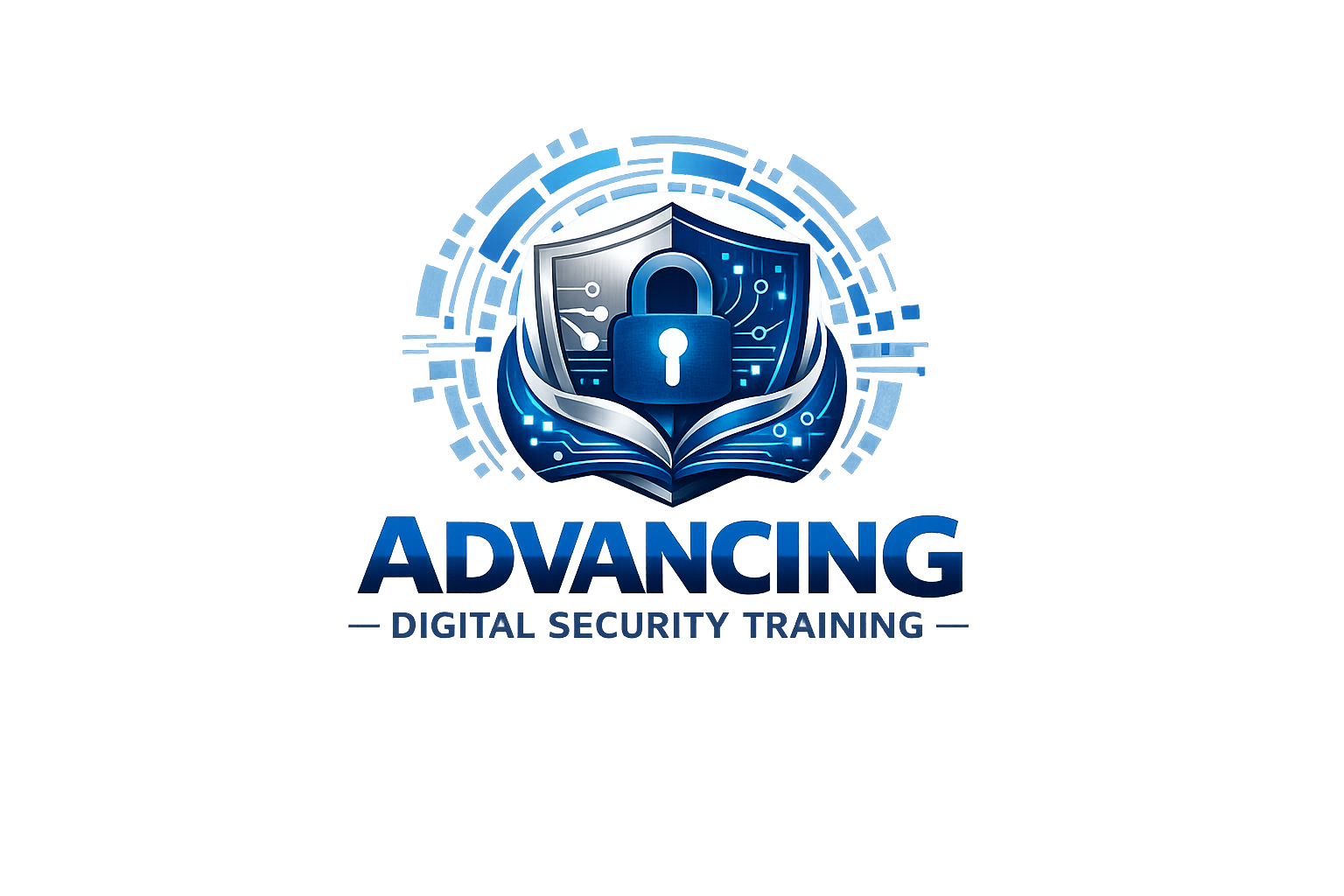 Logo for advancing digital security training featuring a shield with a padlock and circuit lines inside an open book, with the word 'ADVANCING' in bold blue letters below.