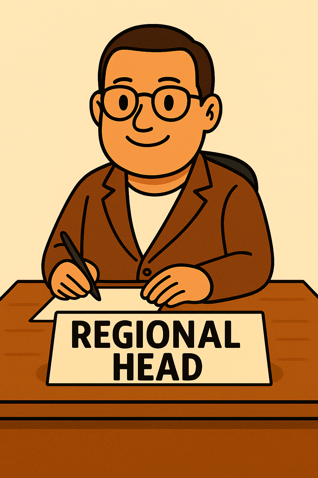 Cartoon illustration of a man with glasses, smiling, sitting at a desk with a sign that reads 'Regional Head'.