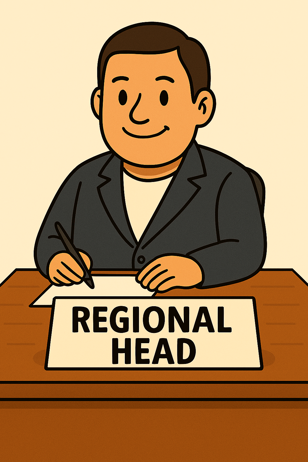 Cartoon man sitting at a desk with a sign that reads "Regional Head" in front of him, holding a pen.