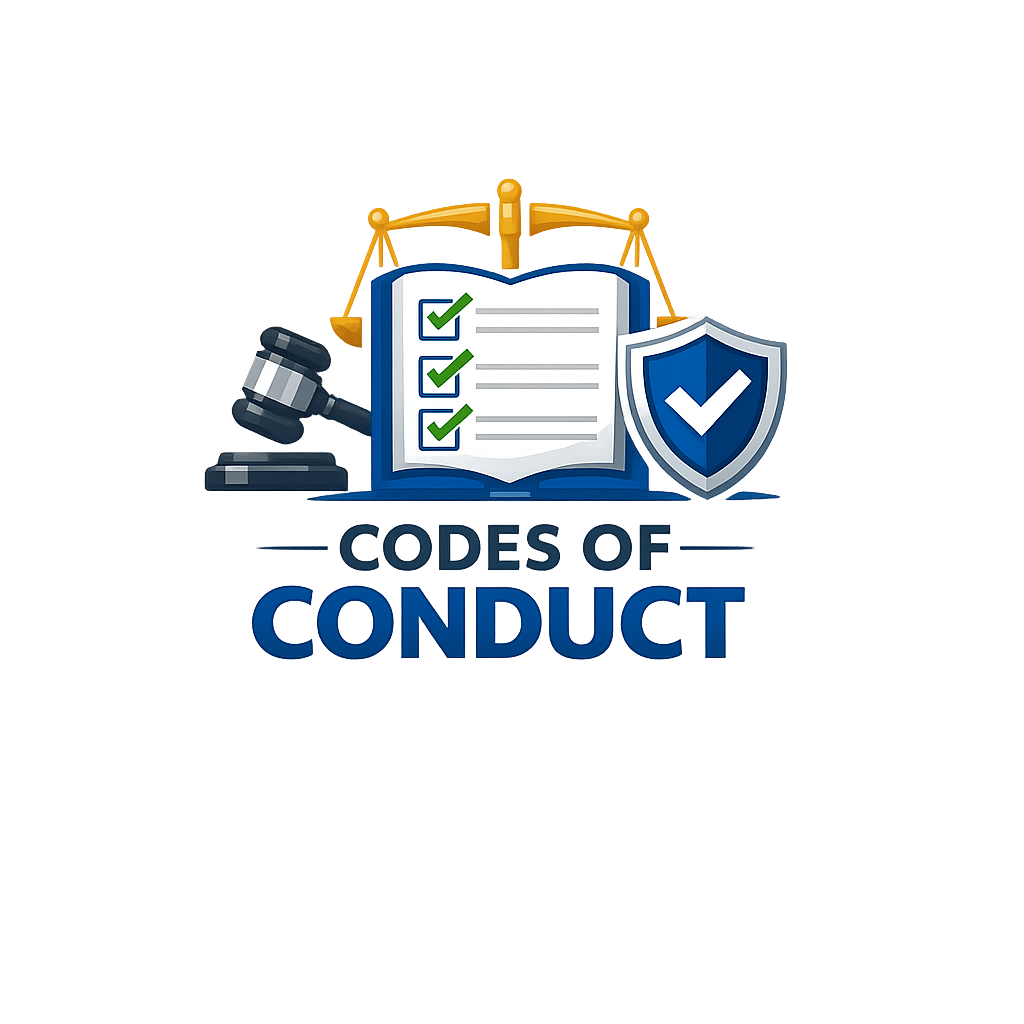 Illustration of legal and ethical symbols including a gavel, a shield with a checkmark, and a book with checkmarks, with the text 'Codes of Conduct' at the bottom.