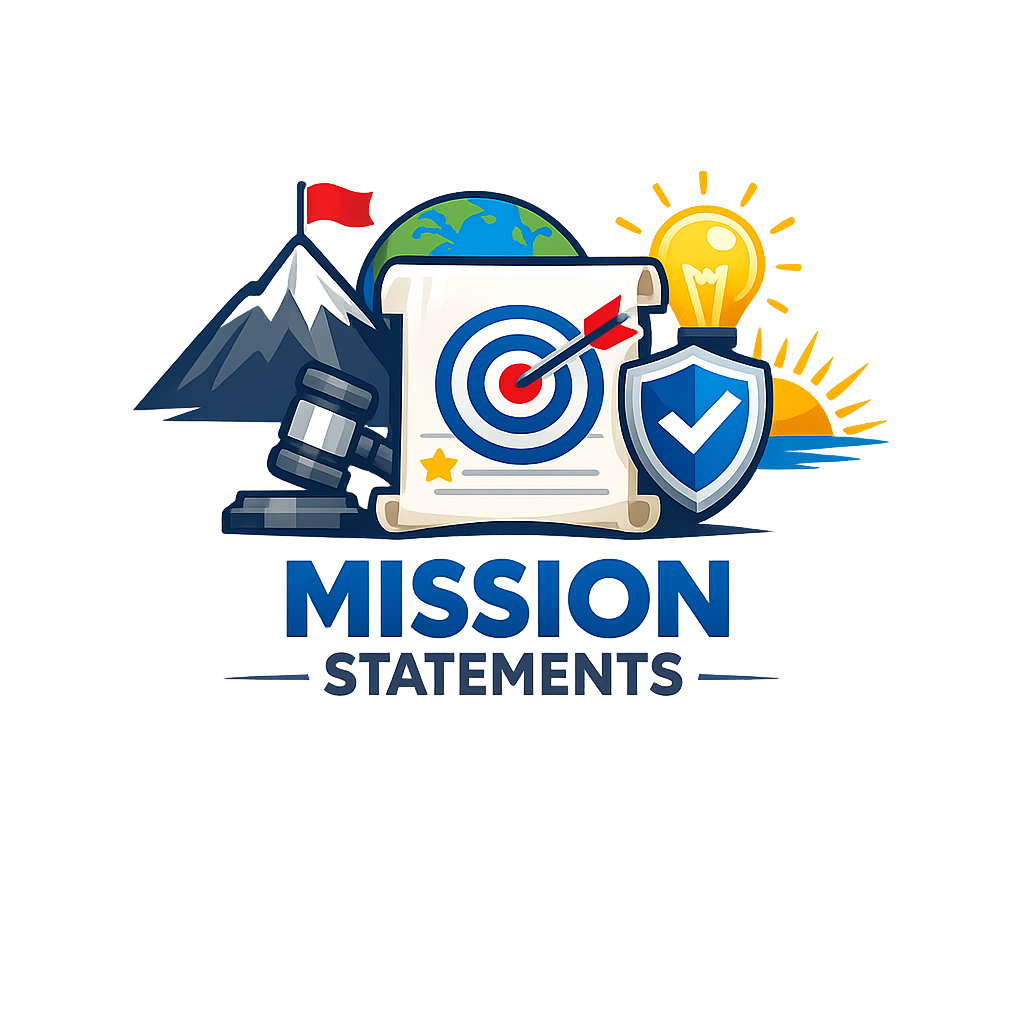 Graphic illustrating a mission statement with a mountain, globe, newspaper with a target and arrow, light bulb, shield with checkmark, and the words 'MISSION STATEMENTS'
