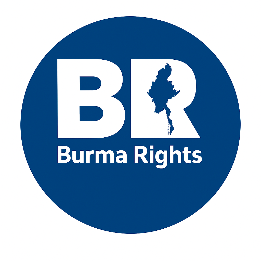 Blue circular logo with the words 'Burma Rights' and the letters 'BR' in large white font, with a silhouette of Myanmar inside the letter 'R'."}