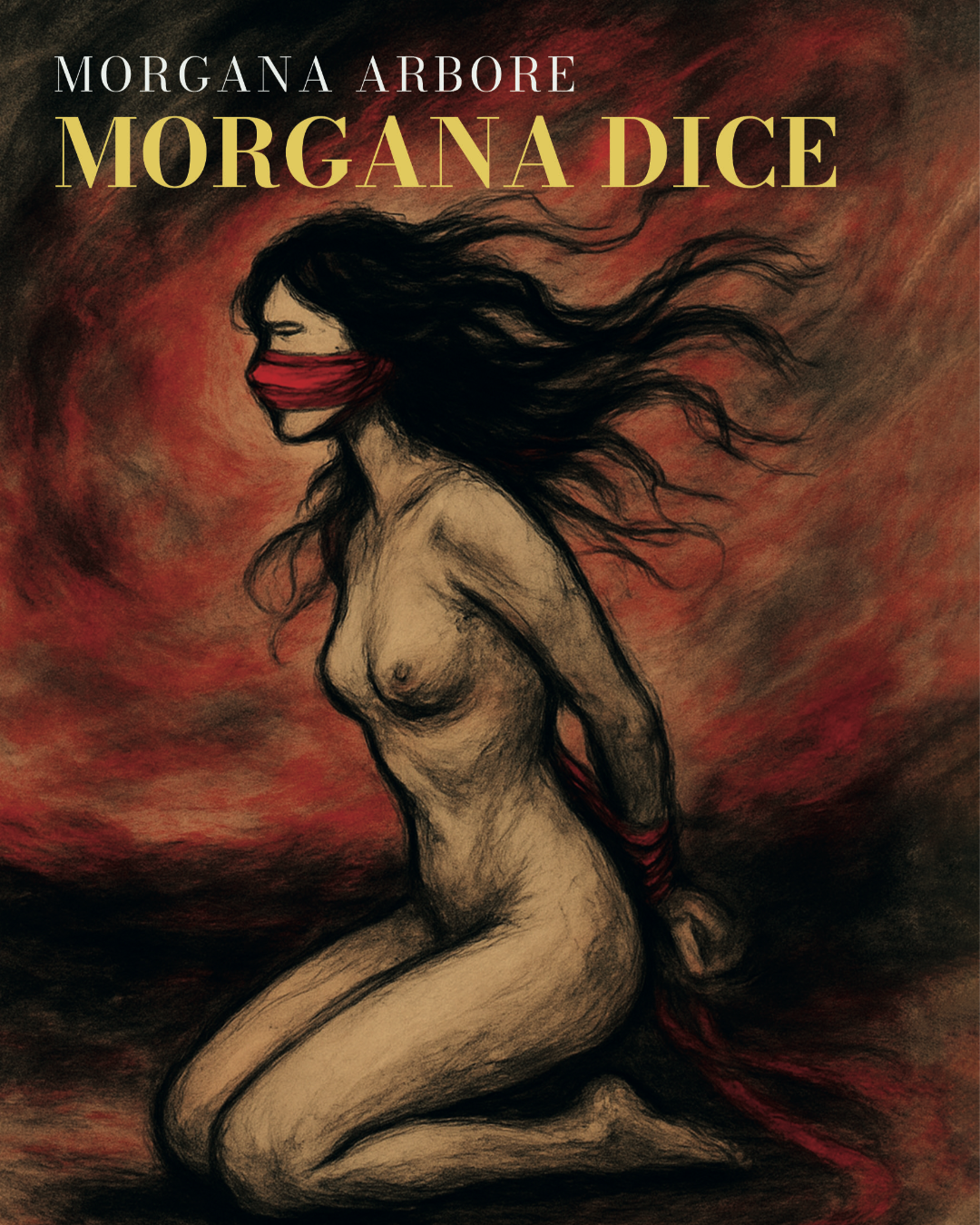 Copertina di un libro con un'illustrazione di una donna nuda, bendata con un drappo rosso che copre la bocca e le mani legate dietro la schiena, inginocchiata su un suolo scuro con uno sfondo rosso e nero.