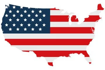 Silhouette of the United States map filled with the American flag pattern.