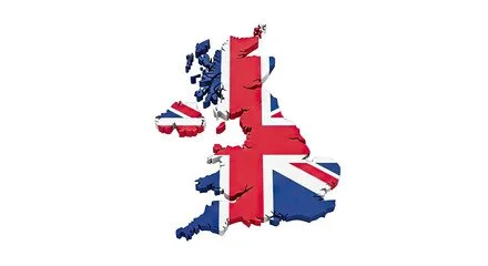 Outline of the United Kingdom filled with the Union Jack flag pattern.