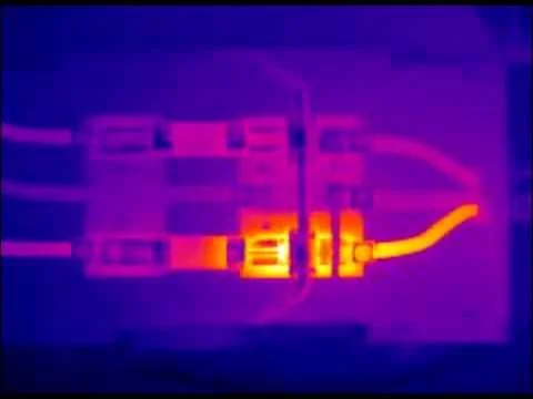 Infrared image of an Ethernet cable and connectors.