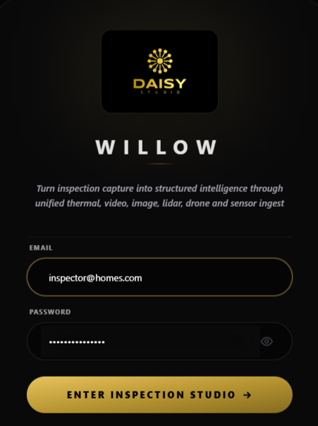 Login screen for Daisy Studio's Willow inspection software with logo, email and password fields, and a yellow 'Enter Inspection Studio' button.