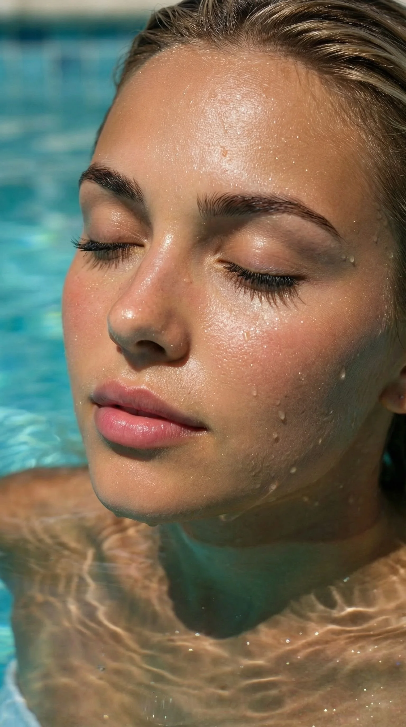 Close-up of a woman's face with closed eyes, wet skin, and water droplets, in a swimming pool.