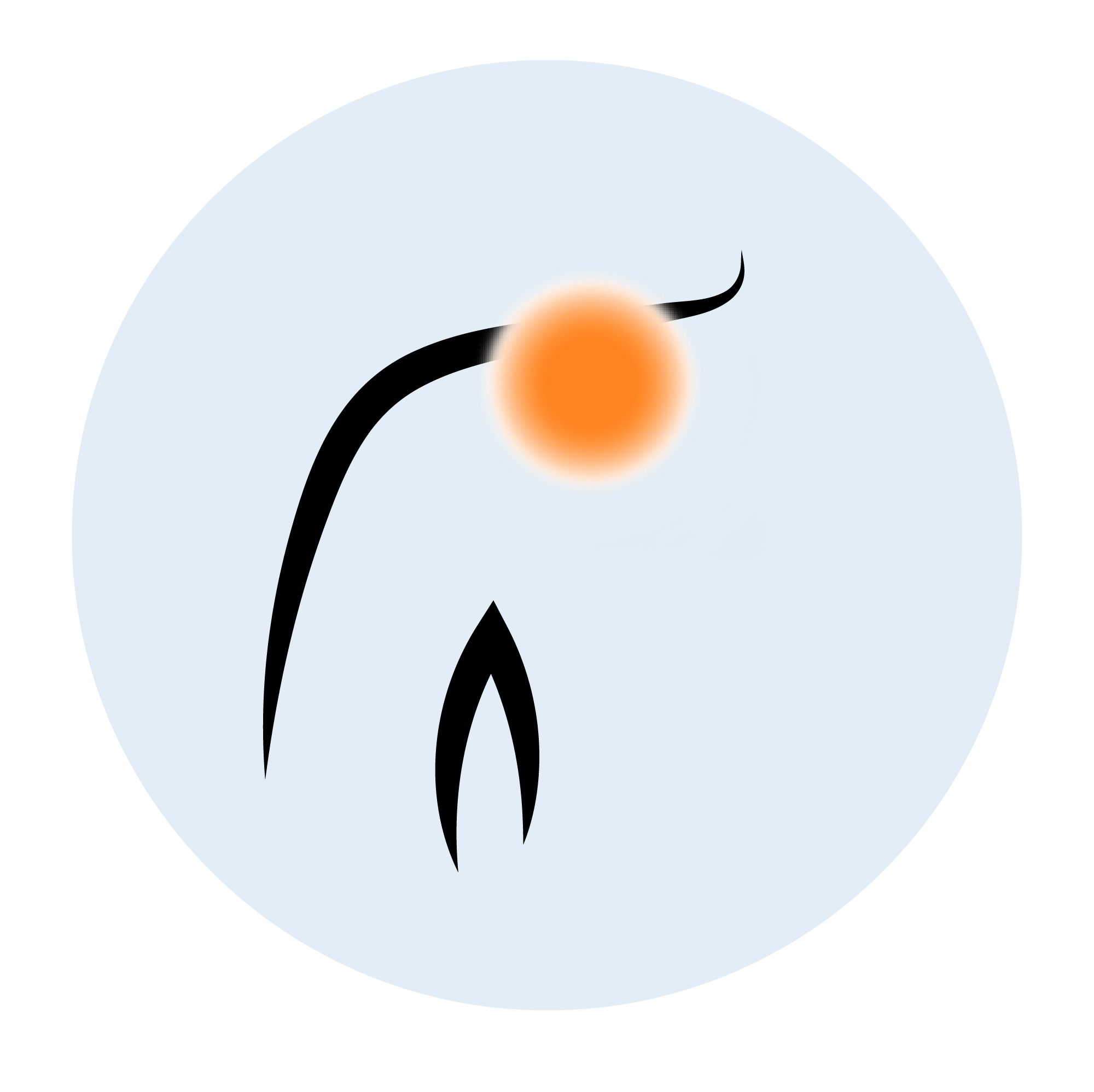 Abstract illustration with a large white circle background, featuring a small orange circle in the center and black curved lines.
