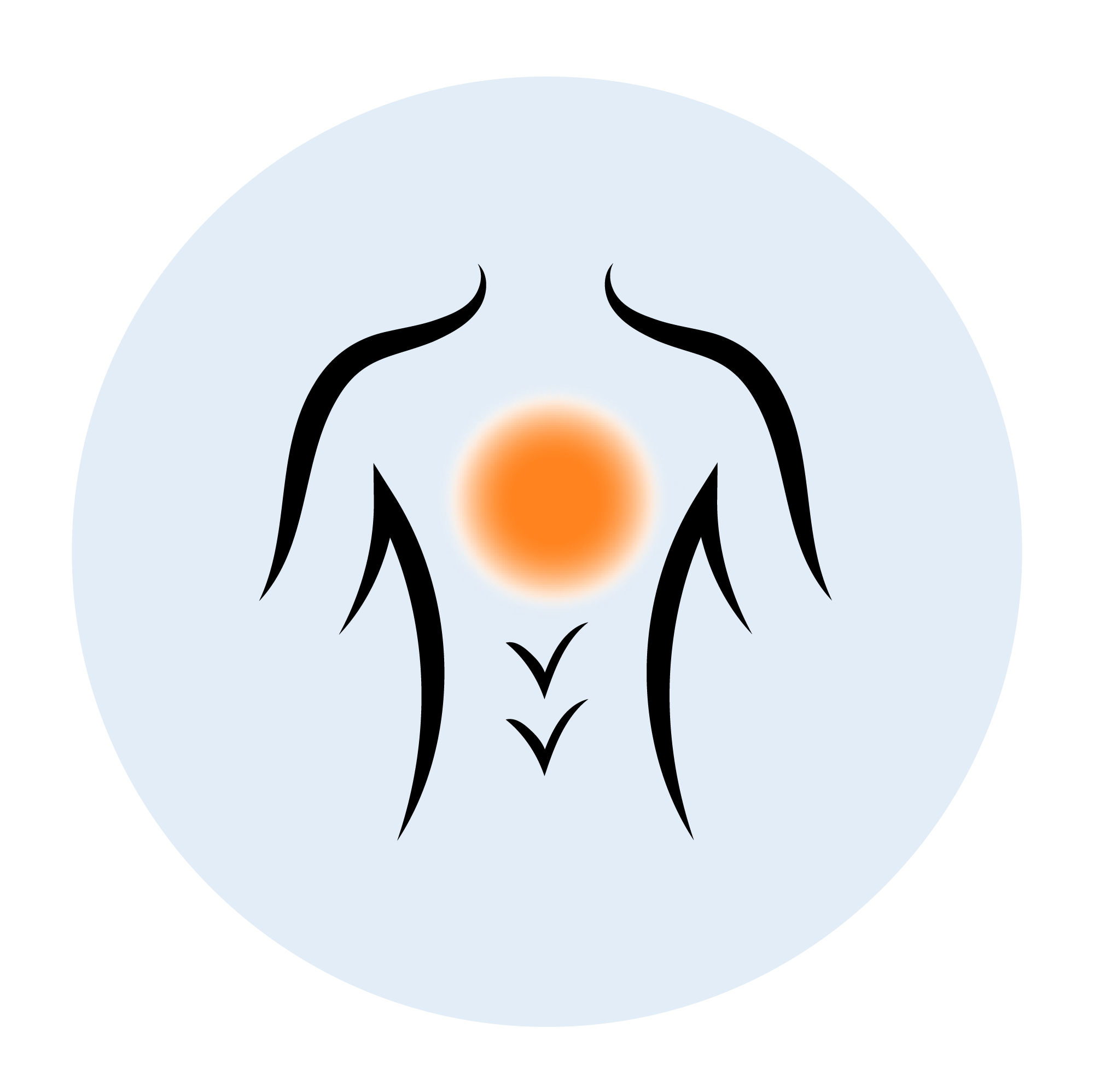 Icon with stylised illustration of a back with an orange circle representing pain.