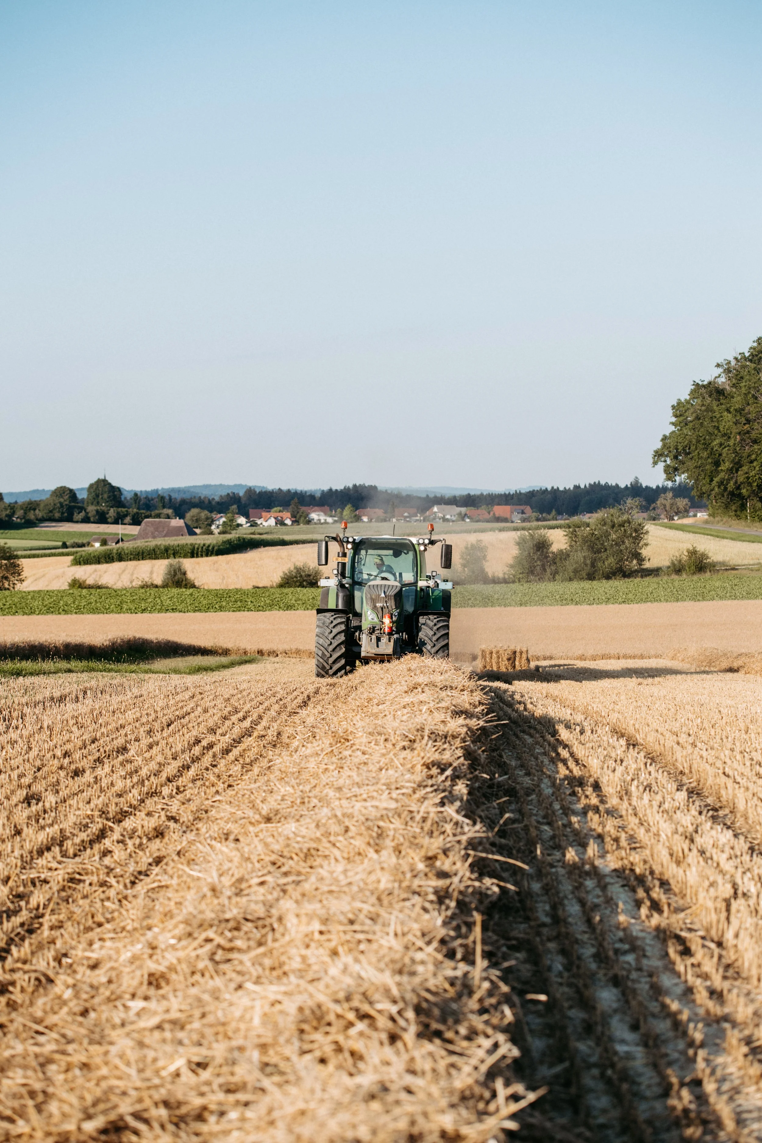 Ein Traktor arbeitet auf einem Getreidefeld bei schönem Wetter, mit einigen Häusern und Bäumen im Hintergrund.