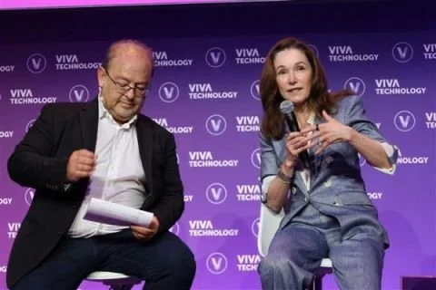 Teresa Barreira and Emmanuel Obadia during a fireside chat at VivaTech 2024 discussing the future of marketing, AI, and evolving workforce skills.