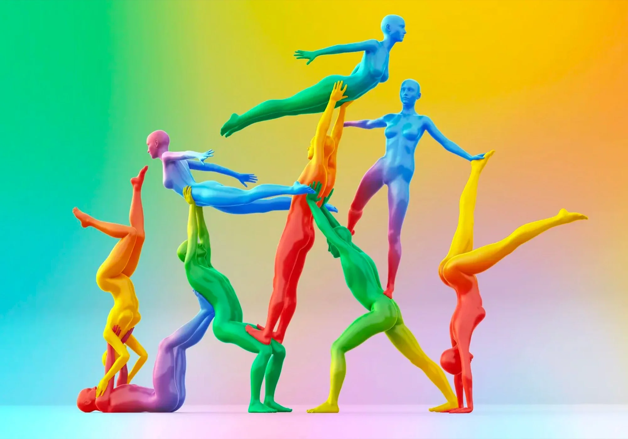Colorful abstract figures collaborating and balancing together to symbolize teamwork and innovation
