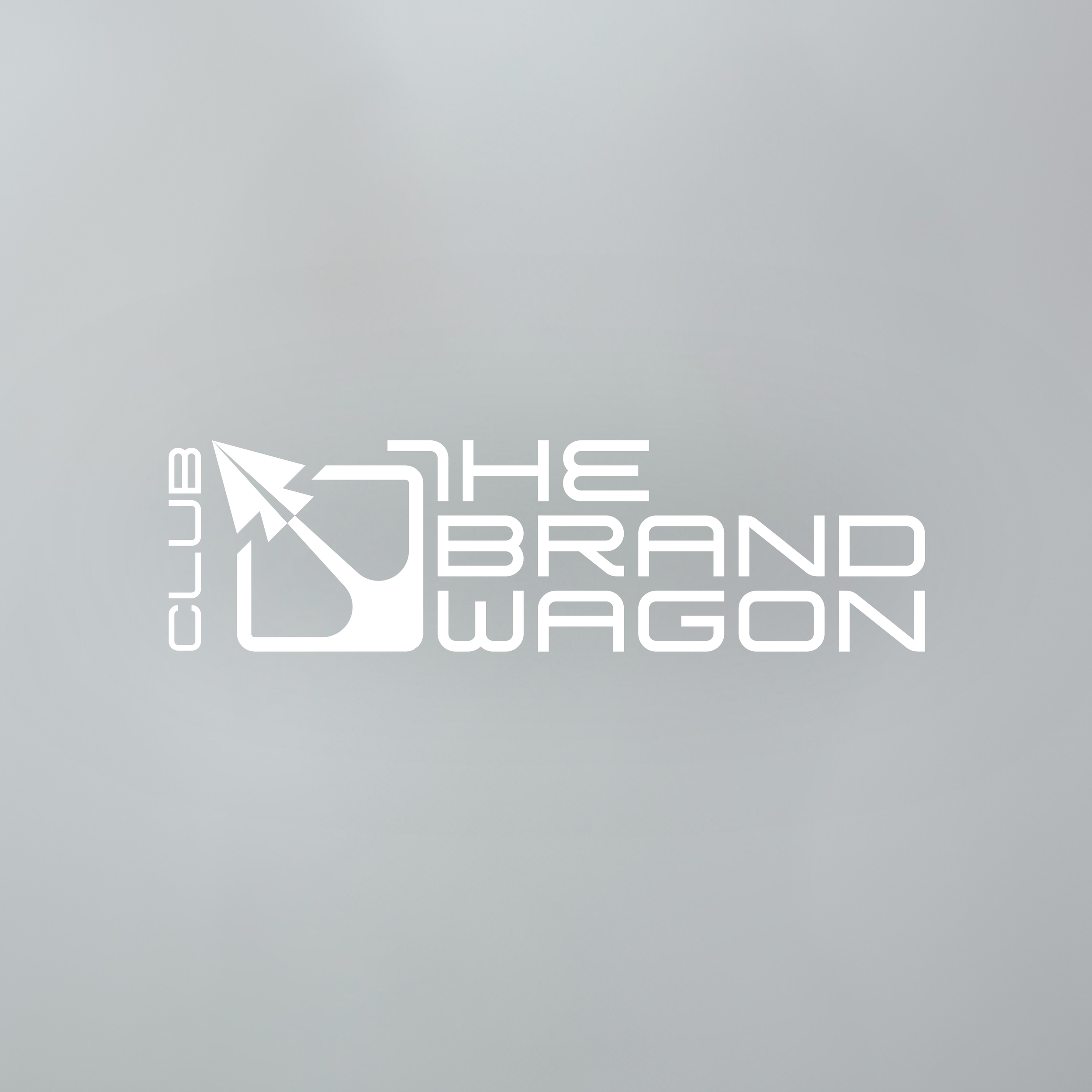 Een minimalistisch ontwerp met witte tekst en een stylized witte paper airplane op een lichtgrijze achtergrond, met de woorden 'THE BRAND WAGON'.