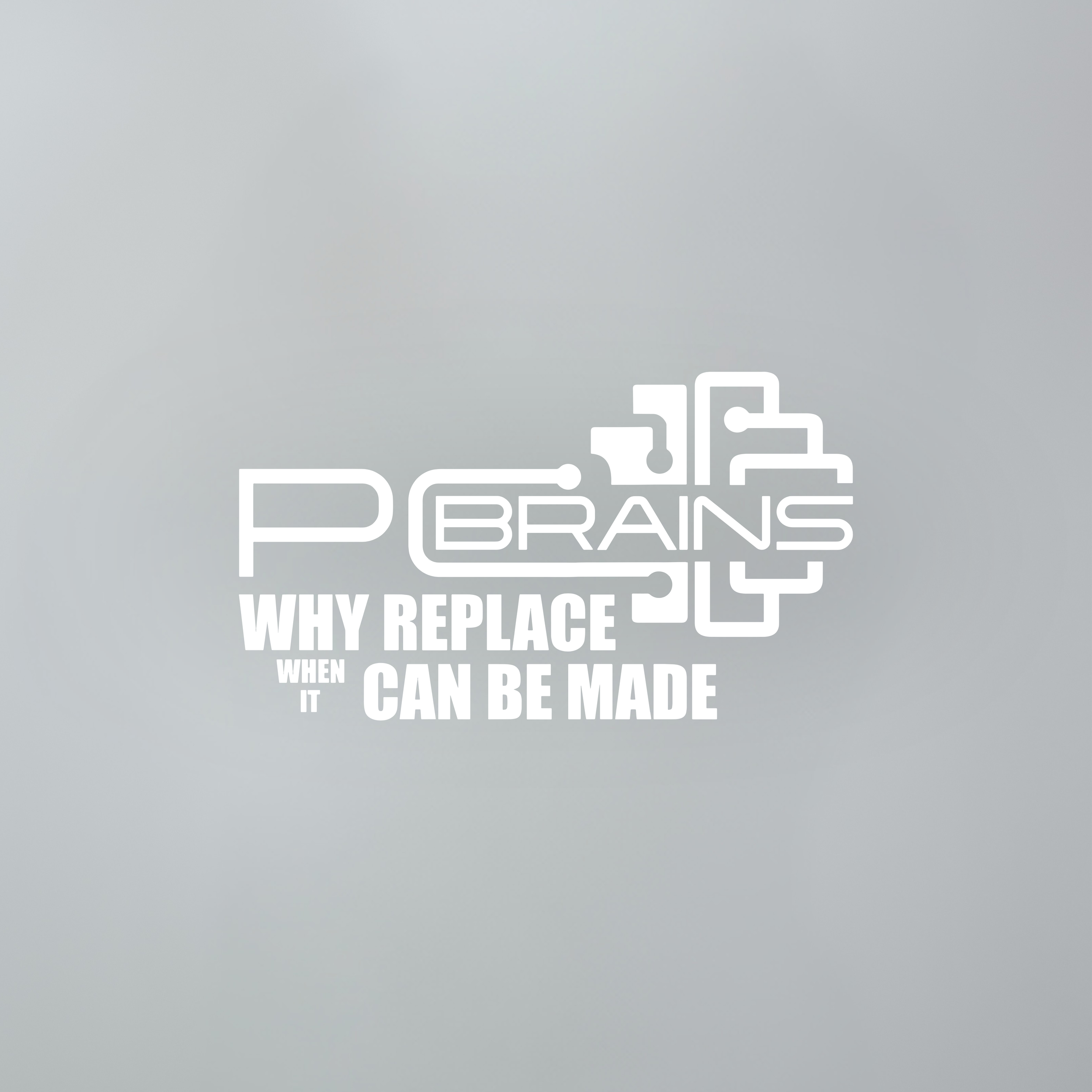 Grafisch ontwerp met het woord 'replacing' en het caption ‘WHY REPLACE WHEN YOU CAN REBUILD’ in witte tekst op een grijze achtergrond. Onderaan grote witte blokken.