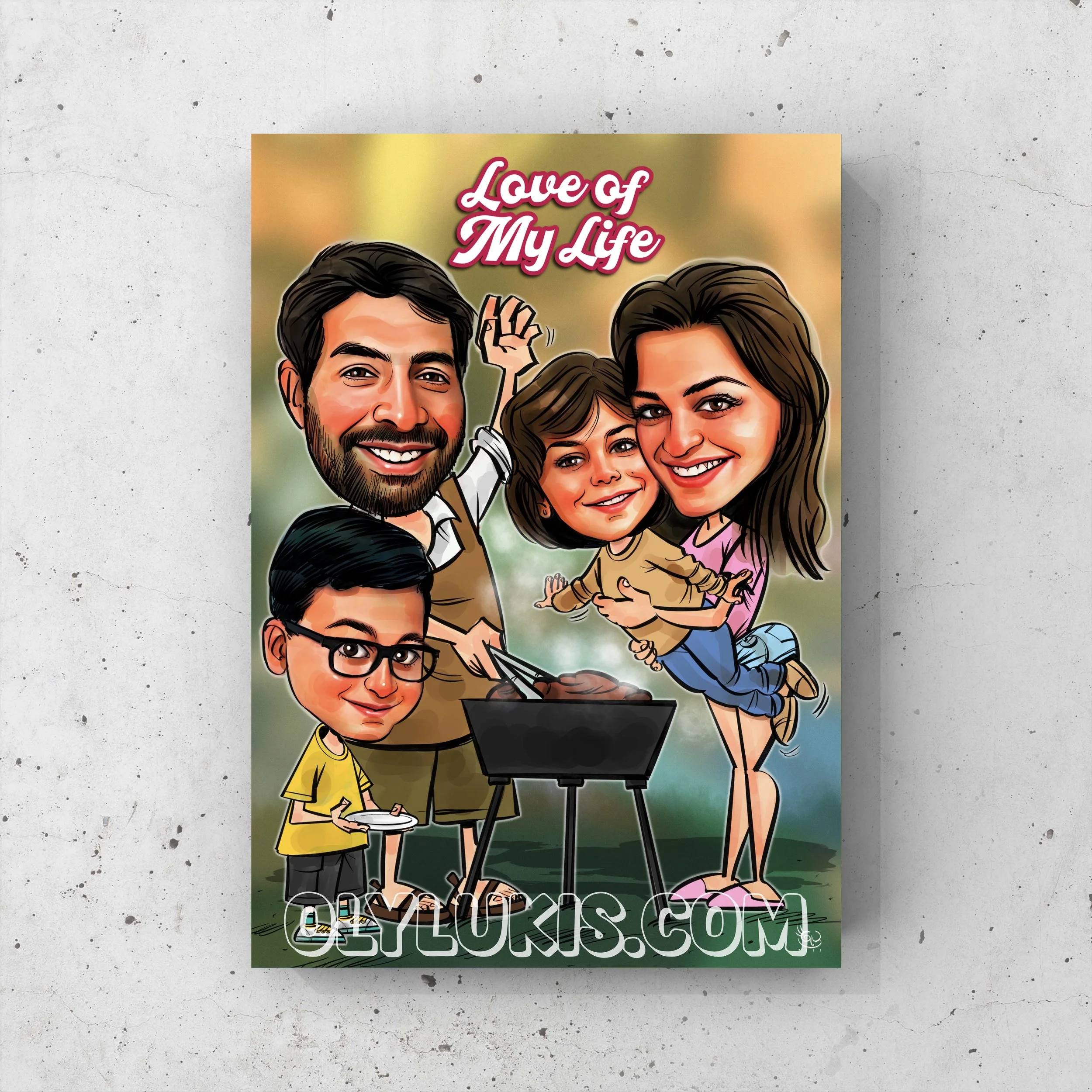 Cartoon illustration of a family of five smiling and enjoying a barbecue outside. The background is blurred with warm colors, and the text 'Love of My Life' is displayed at the top.