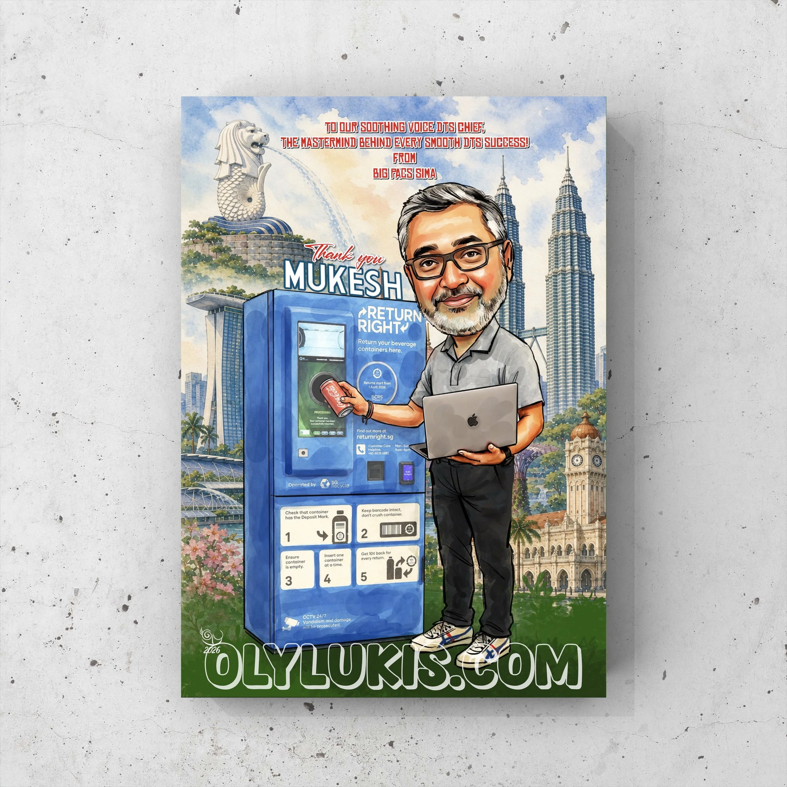 Poster with an illustration of the Petronas Towers, the Kuala Lumpur Tower, and the Merlion statue, featuring a man holding a soda can and a laptop, promoting returnable beverage containers in Singapore.