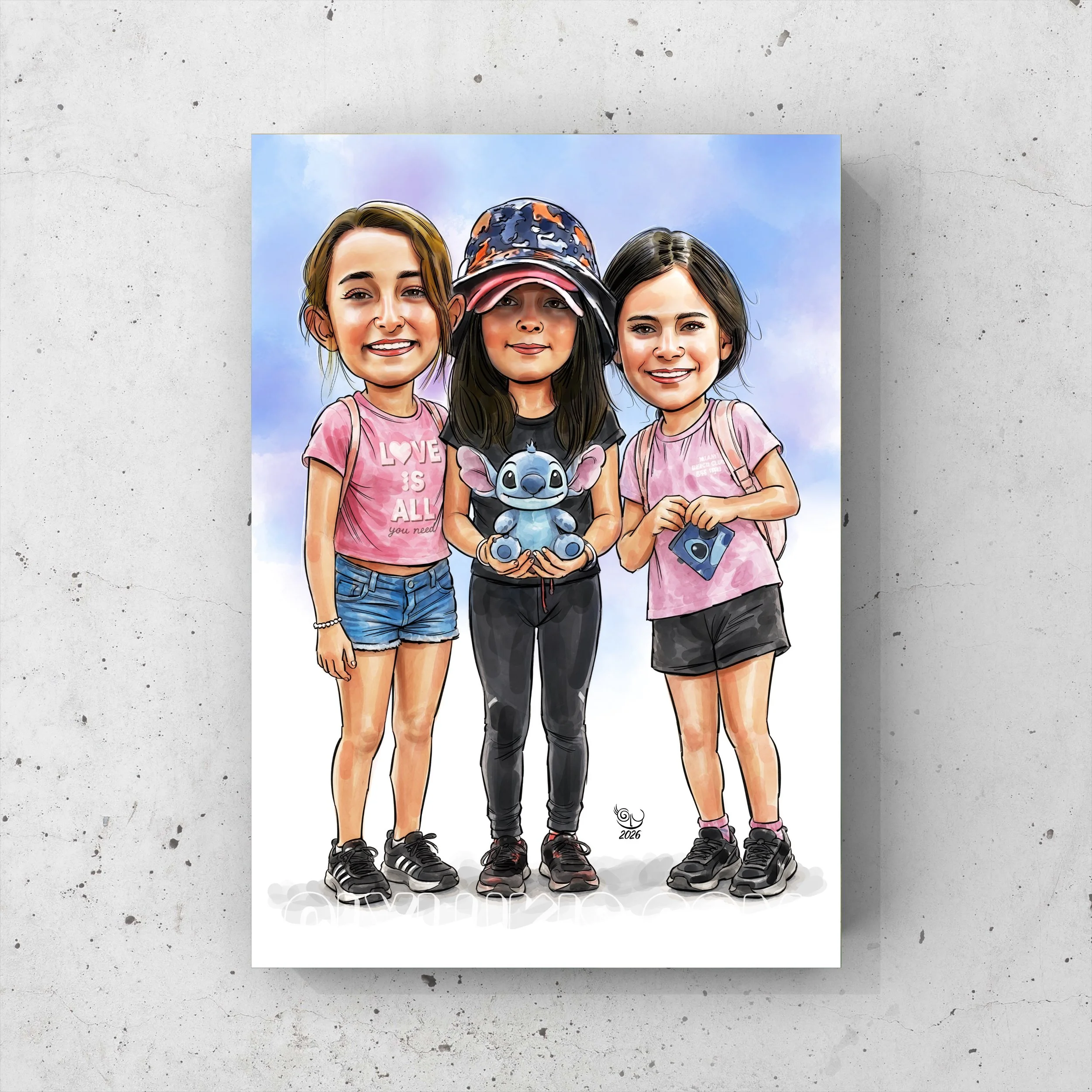 Illustration of three young girls standing together, smiling, wearing casual clothes and sneakers, with one girl holding a plush toy character from Disney's Lilo & Stitch, against a blue sky background.