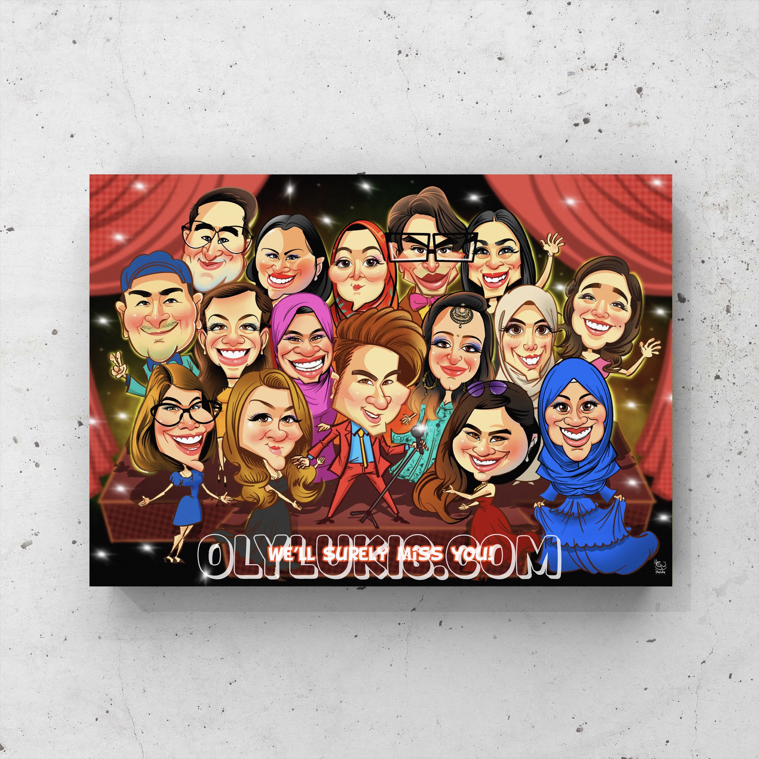 Cartoon illustrations of diverse people on a stage with a red curtain background, smiling and celebrating, with the words 'We’ll Surely Miss You!'' and 'OLSON' at the bottom.