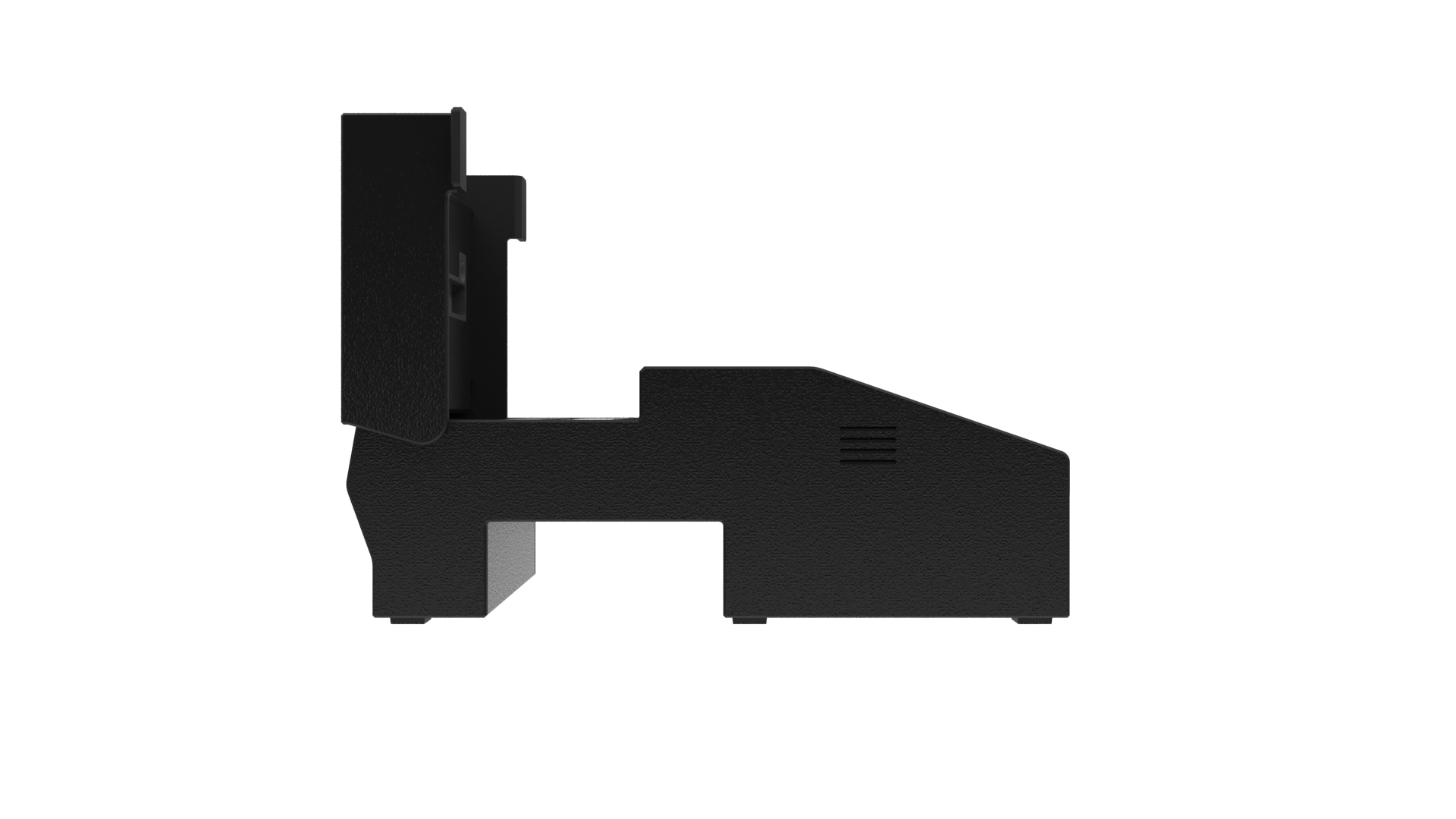 Close-up side view of a molecular diagnostic device, Point of Care, Field based, with a textured surface and a vent on the side.