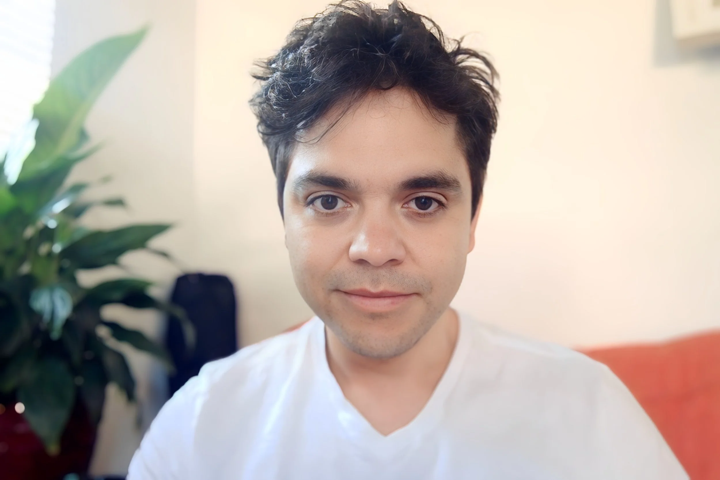 Close-up of a young man with short, dark, curly hair, looking directly at the camera, with a neutral expression. In the background, there are blurred indoor plants and neutral-colored walls.