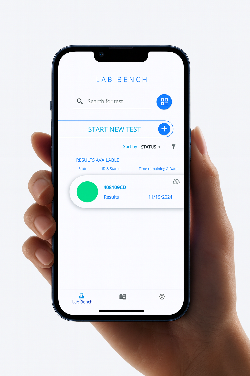 A smartphone held in hand displaying a medical laboratory app called Lab Bench with test results on the screen.