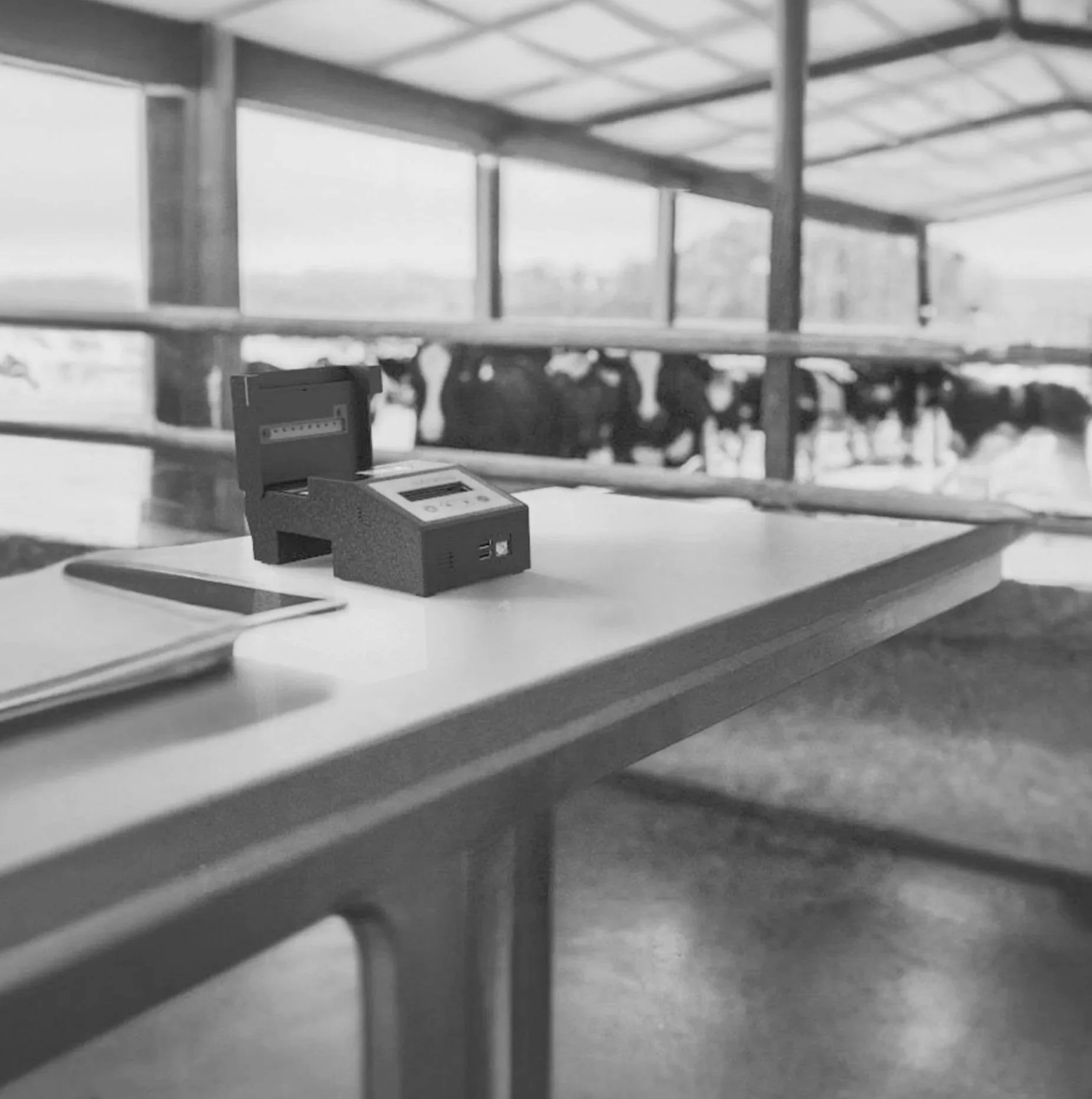 Black and white photo of a cash register and a notepad on a table, with a background showing an open space with large windows revealing a town or cityscape.