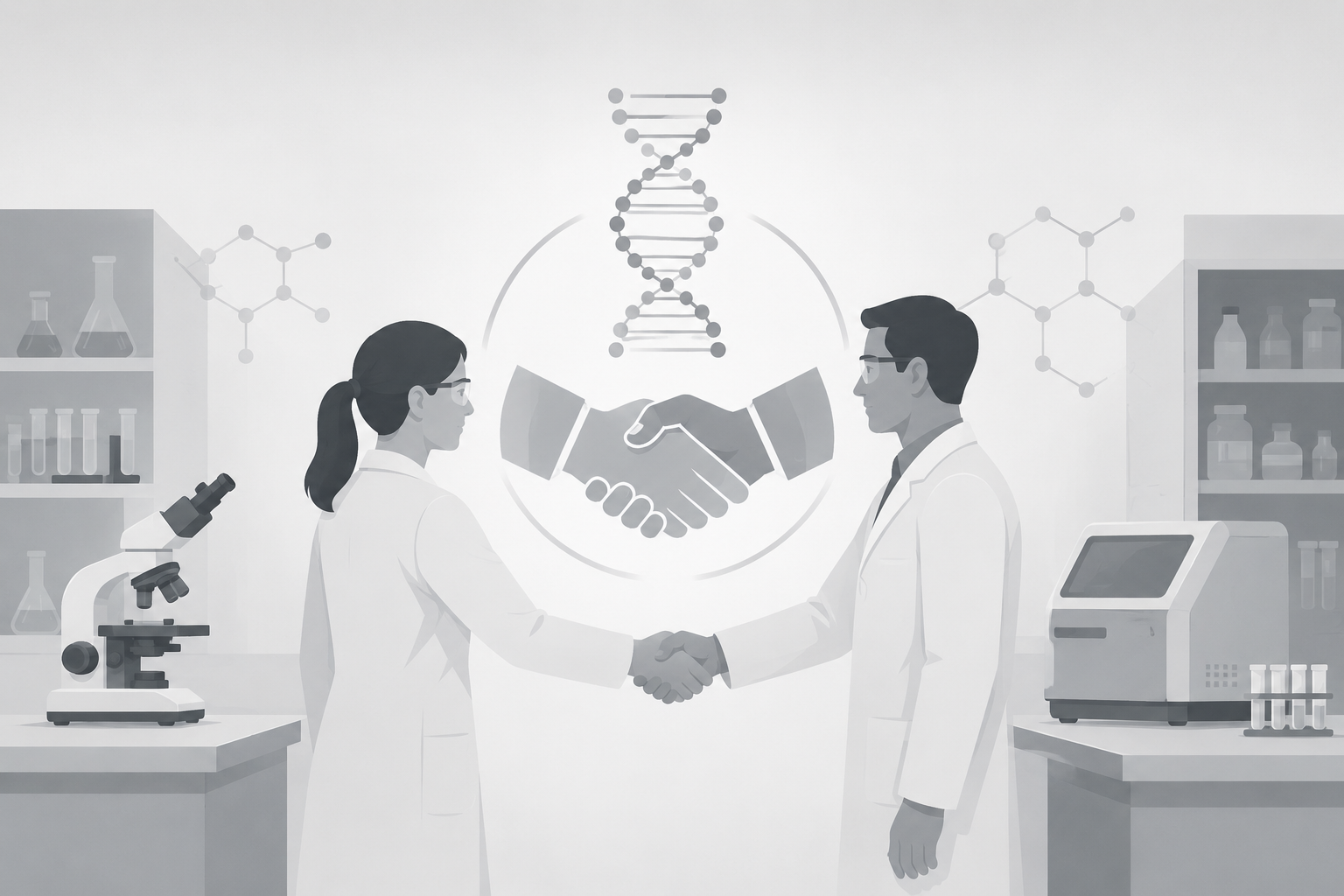 Two scientists shaking hands in a laboratory with DNA strands and molecular structures in the background.