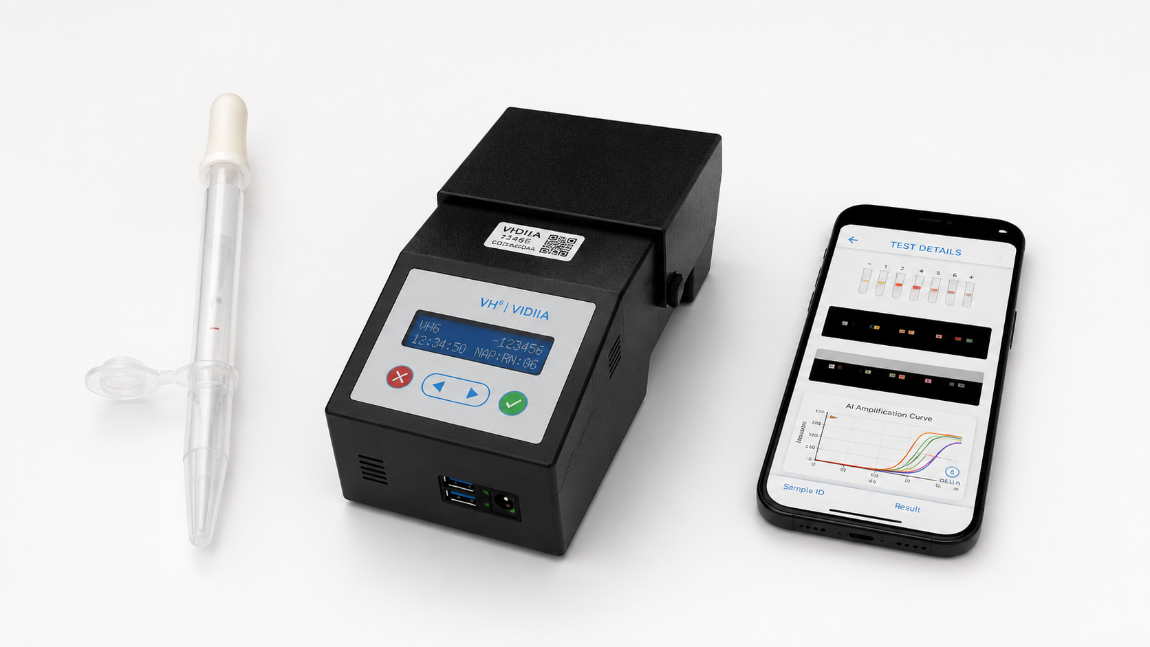 A digital medical testing device with a display screen, a pipette, and a smartphone showing test results and data charts on a white background.