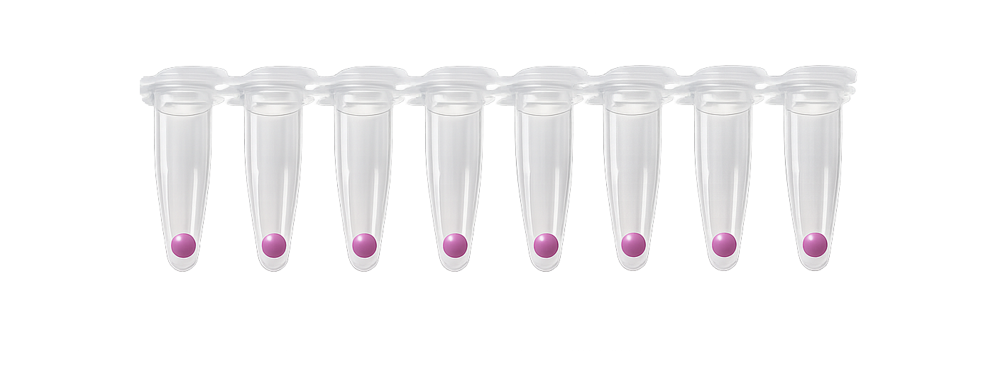 PCR tubes with Lyophilised beads/balls inside lined up on a rack.
