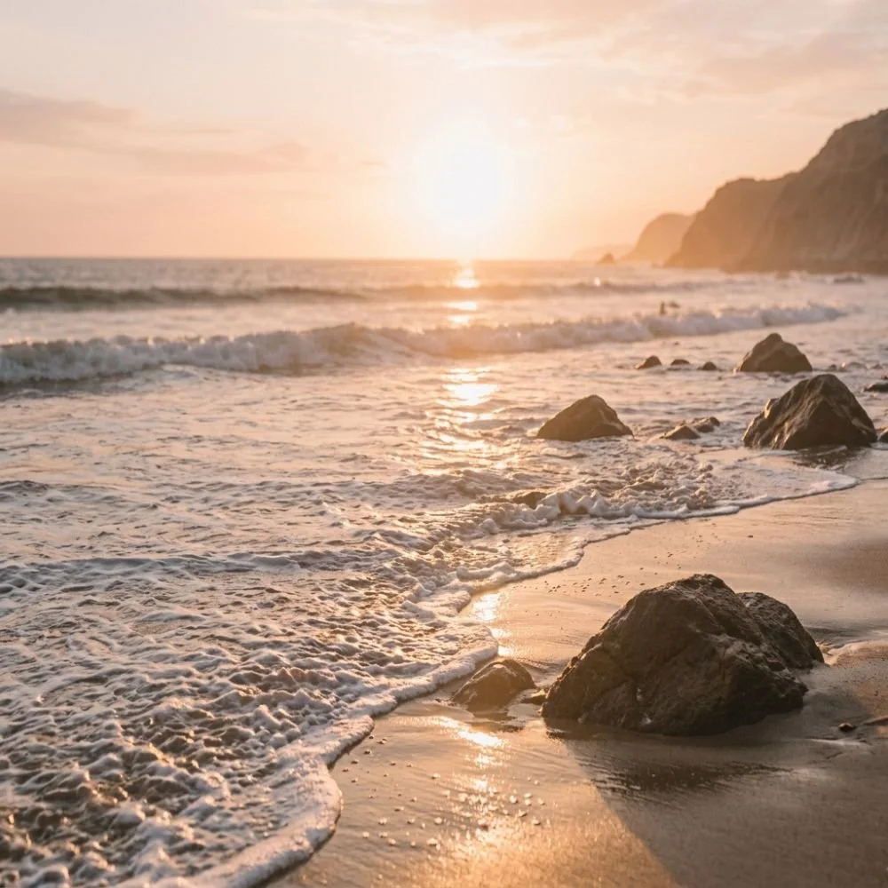 Louise Redding Counselling, Online therapy across the UK. Sunset over a sandy beach with rocks and gentle waves, mountainous coastline in the background.