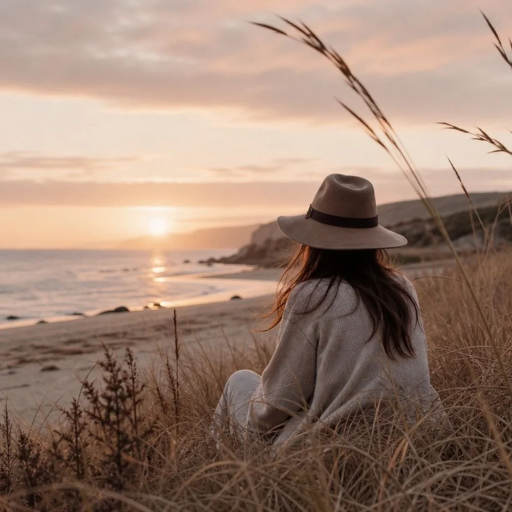Louise Redding Counselling, Online therapy across the UK. A woman sitting on the beach surrounded by tall grass, watching the sunset over the ocean wearing a wide-brimmed hat and a cozy sweater.